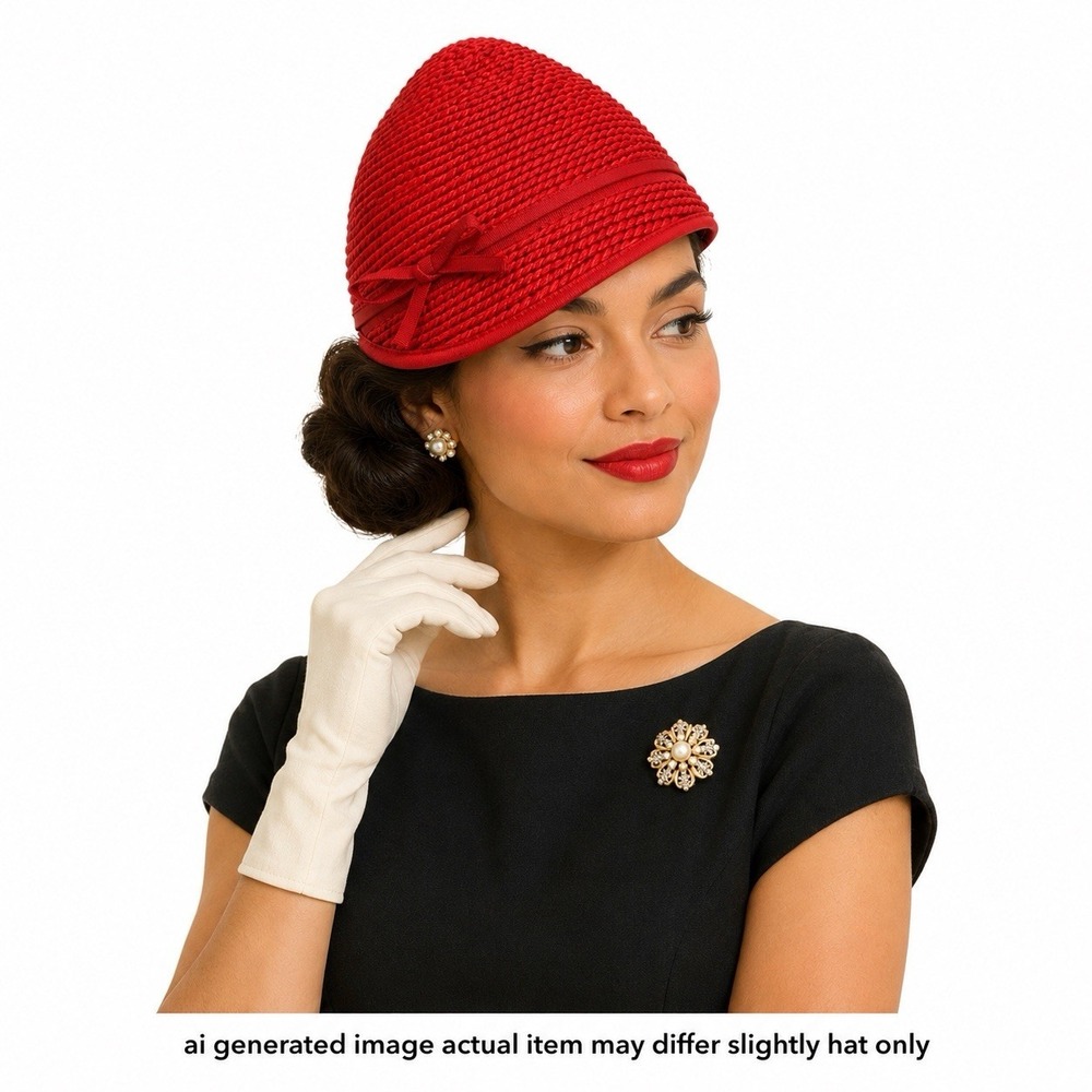 Vintage 1950s Everitt Spunwoven Red Cloche Visor Hat Bow Mid Century MCM